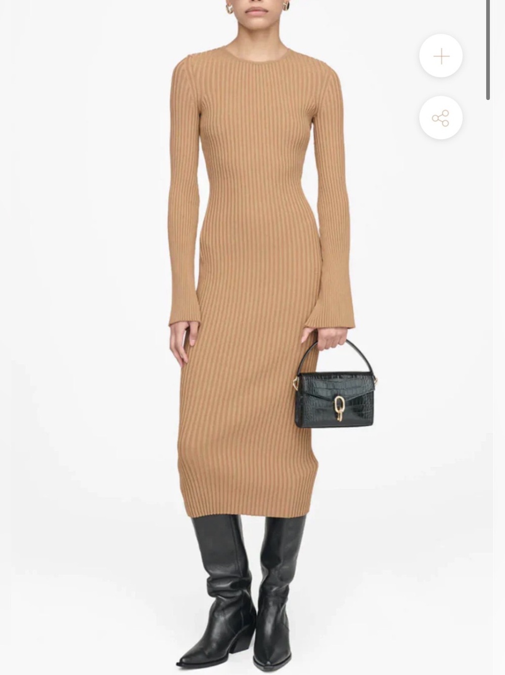 Anine Bing Sia Dress | Brown | Ribbed Knit Midi Dress | Bell Cuff Long Sleeve